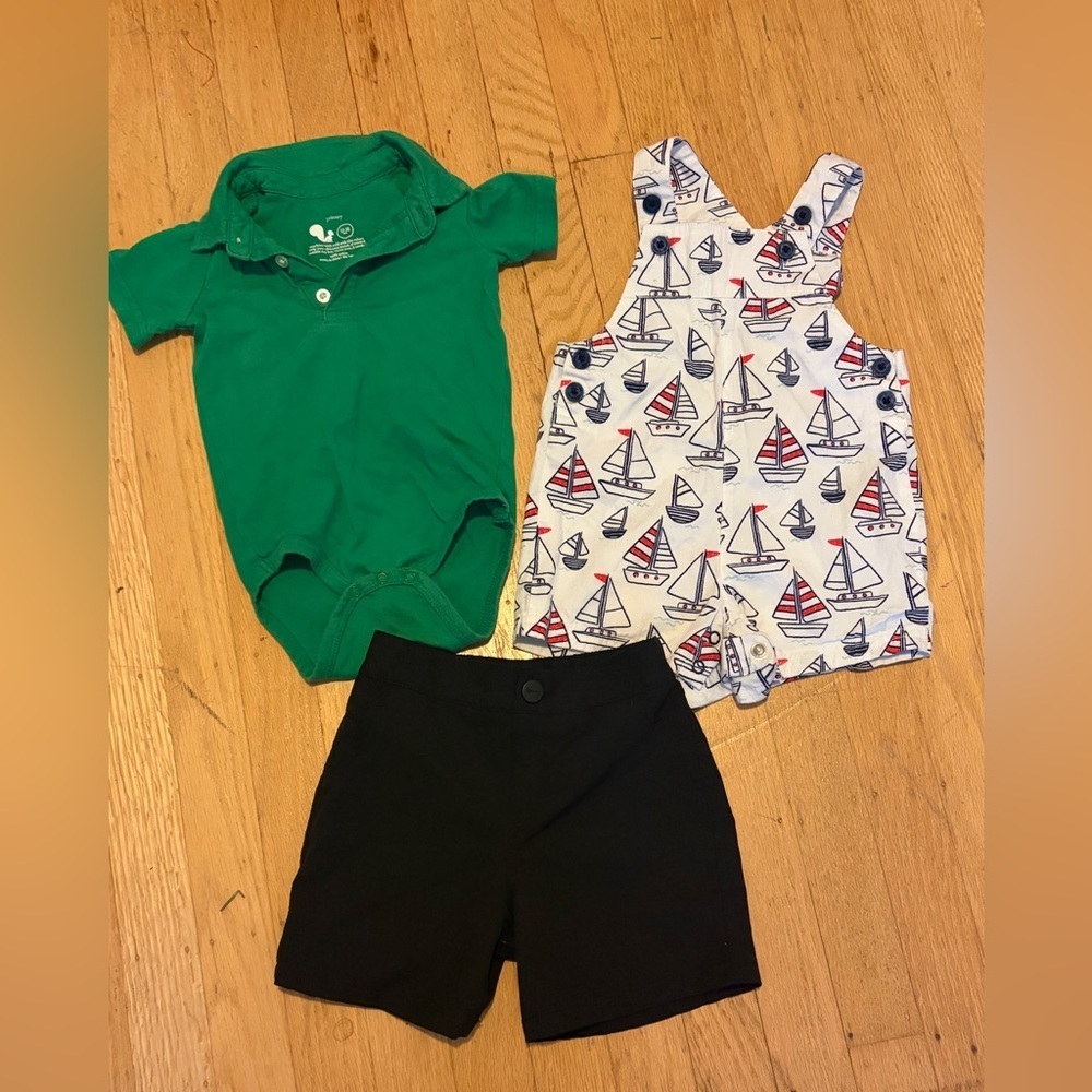 Nike shorts, primary 100% cotton polo, sailboat overall 12-18 month 3 items
